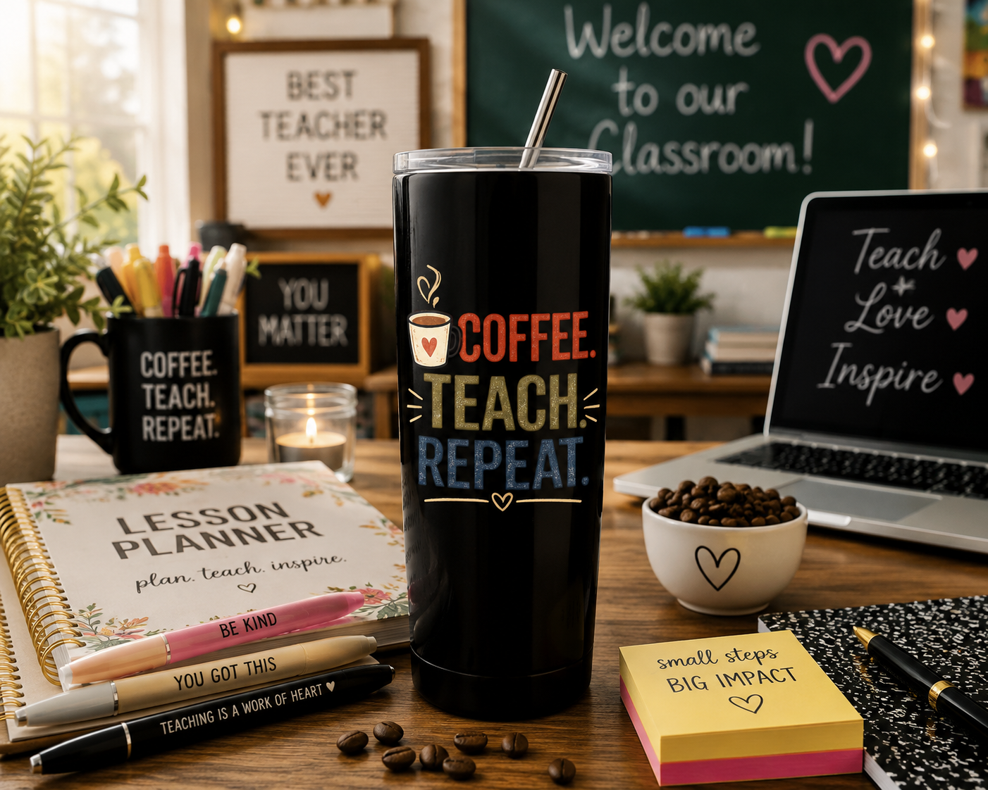 Coffee. Teach. Repeat. Premium 20 oz Skinny Tumbler | Teacher Travel Cup