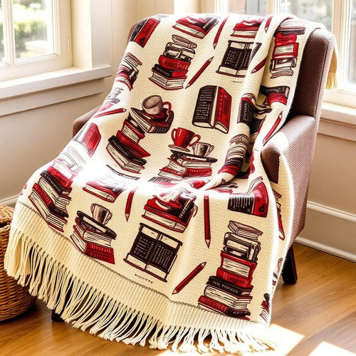 Woven cotton blanket with books, mugs and pencils motif draped on a reading chair