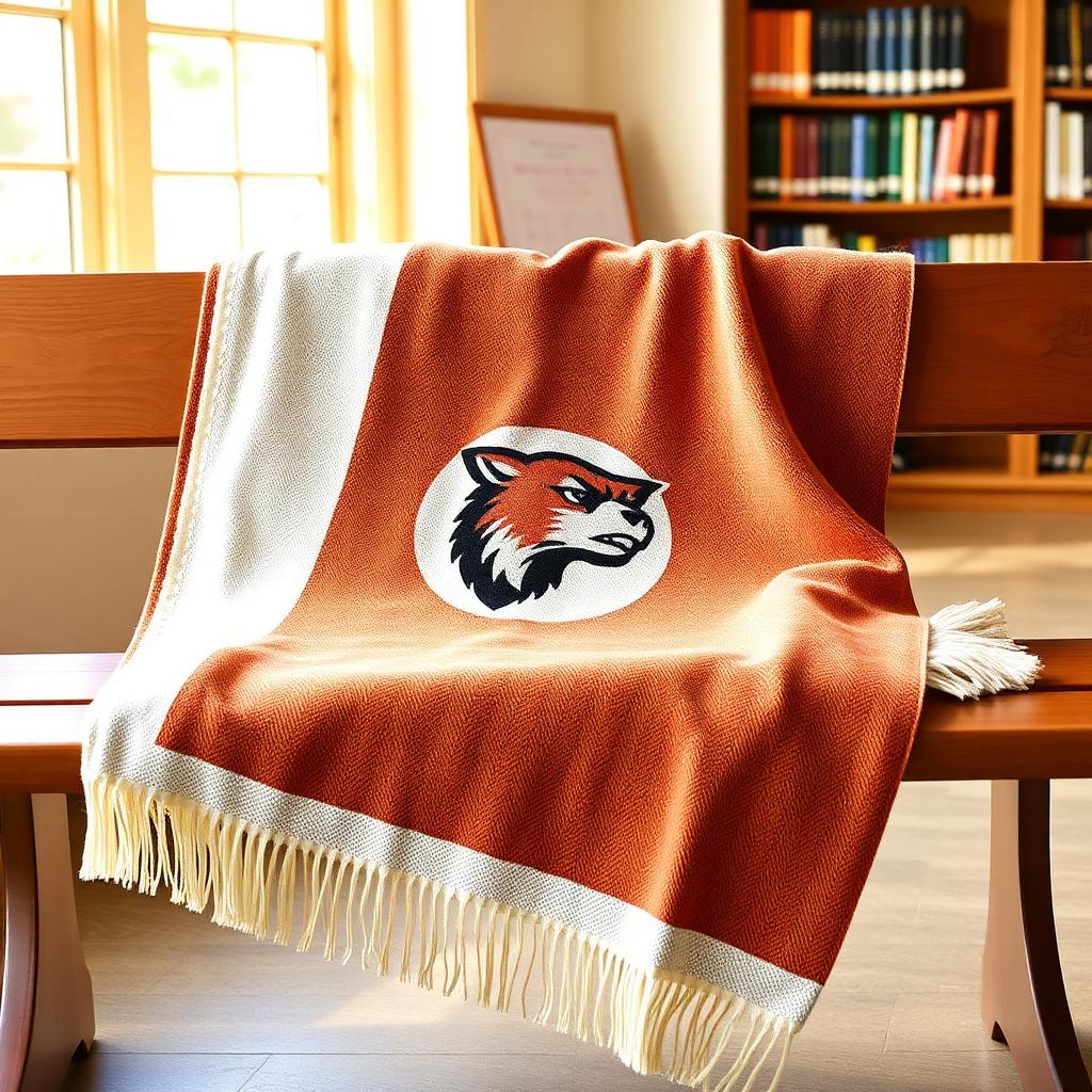 Two-color woven school mascot throw blanket in cream and muted rust