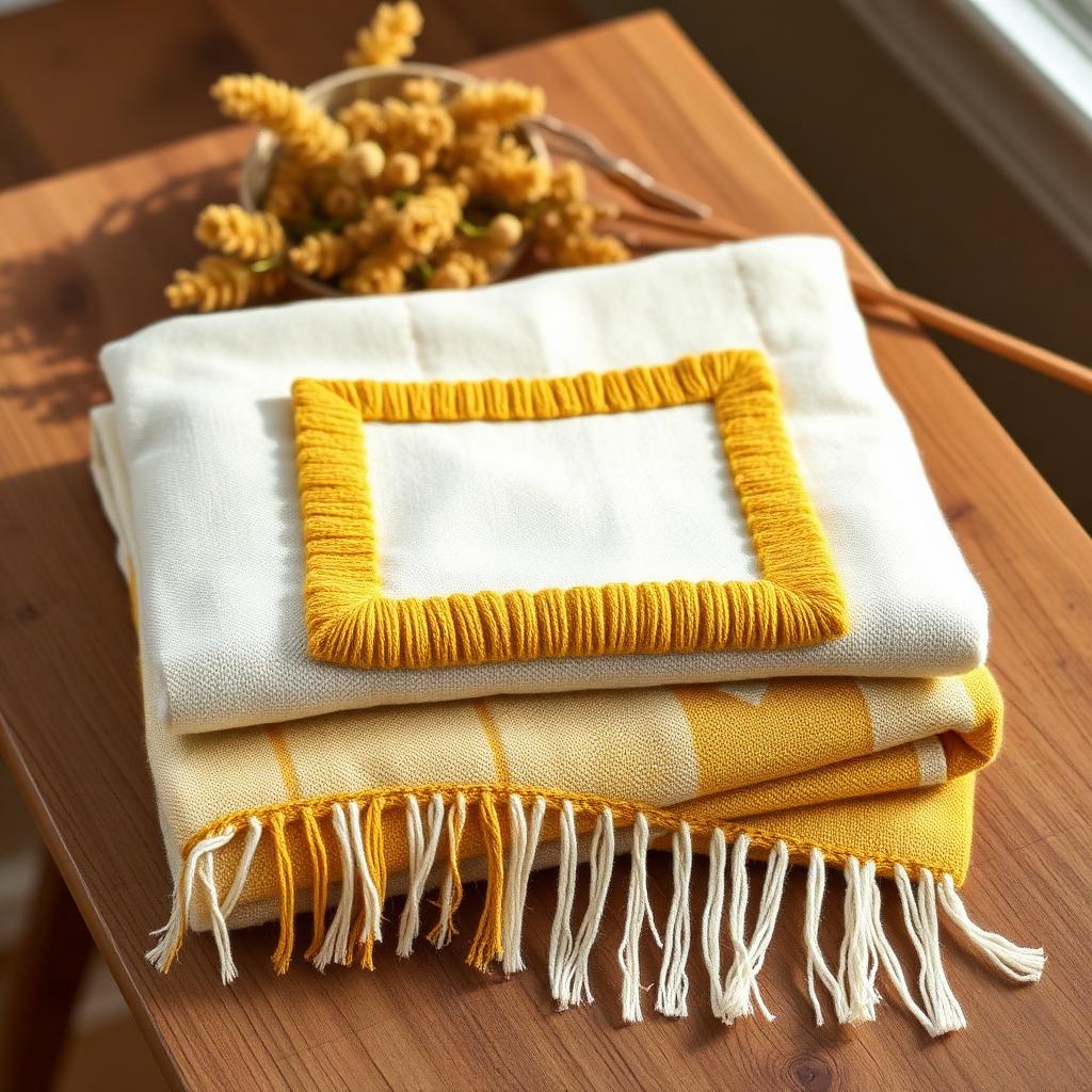 Keepsake woven cotton blanket in cream and golden mustard folded on a wood table