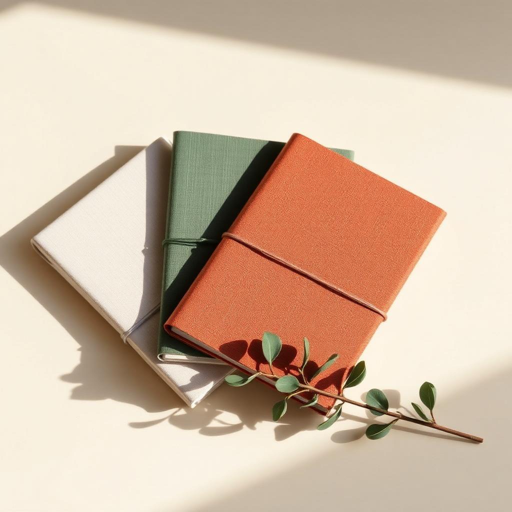 Three linen-wrapped gratitude notebooks in ivory, sage and rust